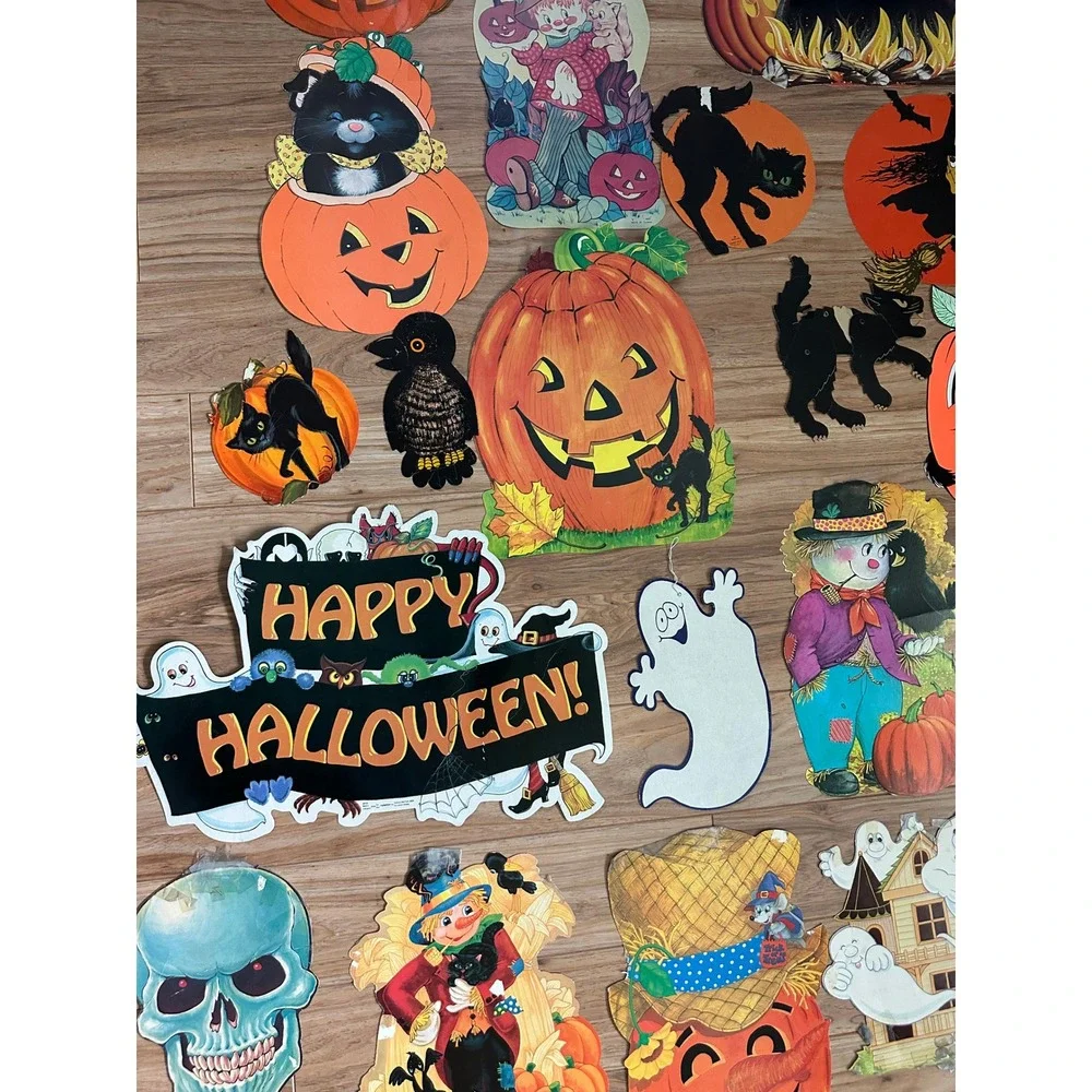 Vintage 30 Halloween Die Cut Paper Decorations Lot Witches Ghosts Cats Pumpkins